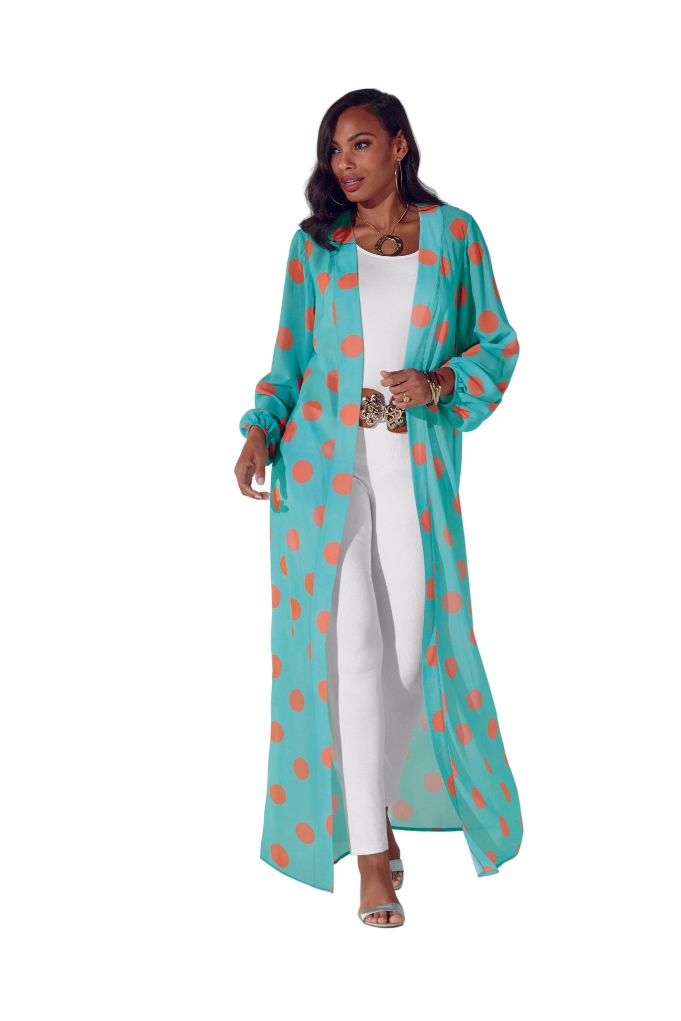 Sheerly Dotted Jacket in Aqua/Orange - Front view of sheer duster jacket
