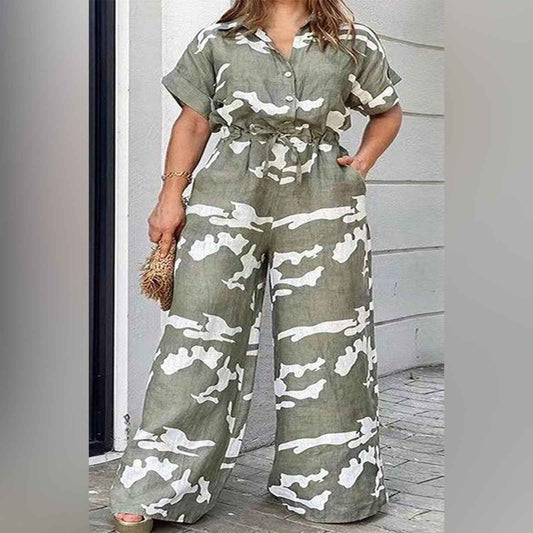Army Green and White Abstract Jumpsuit with Flowing Wide-Leg Fit