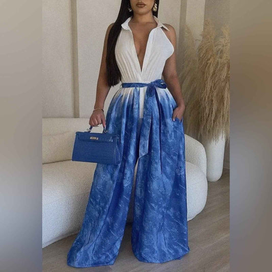 Stylish Blue and White Halter Maxi Wide Leg Jumpsuit Size L-XXXL