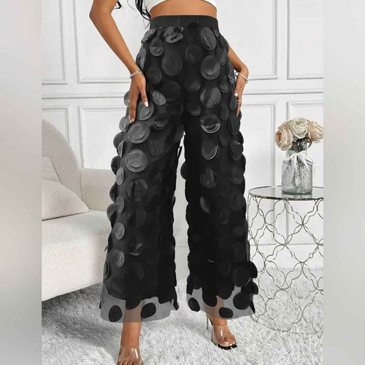 Circle Patched Wide Leg Solid Pants, Stylish High Waist Mesh Pants