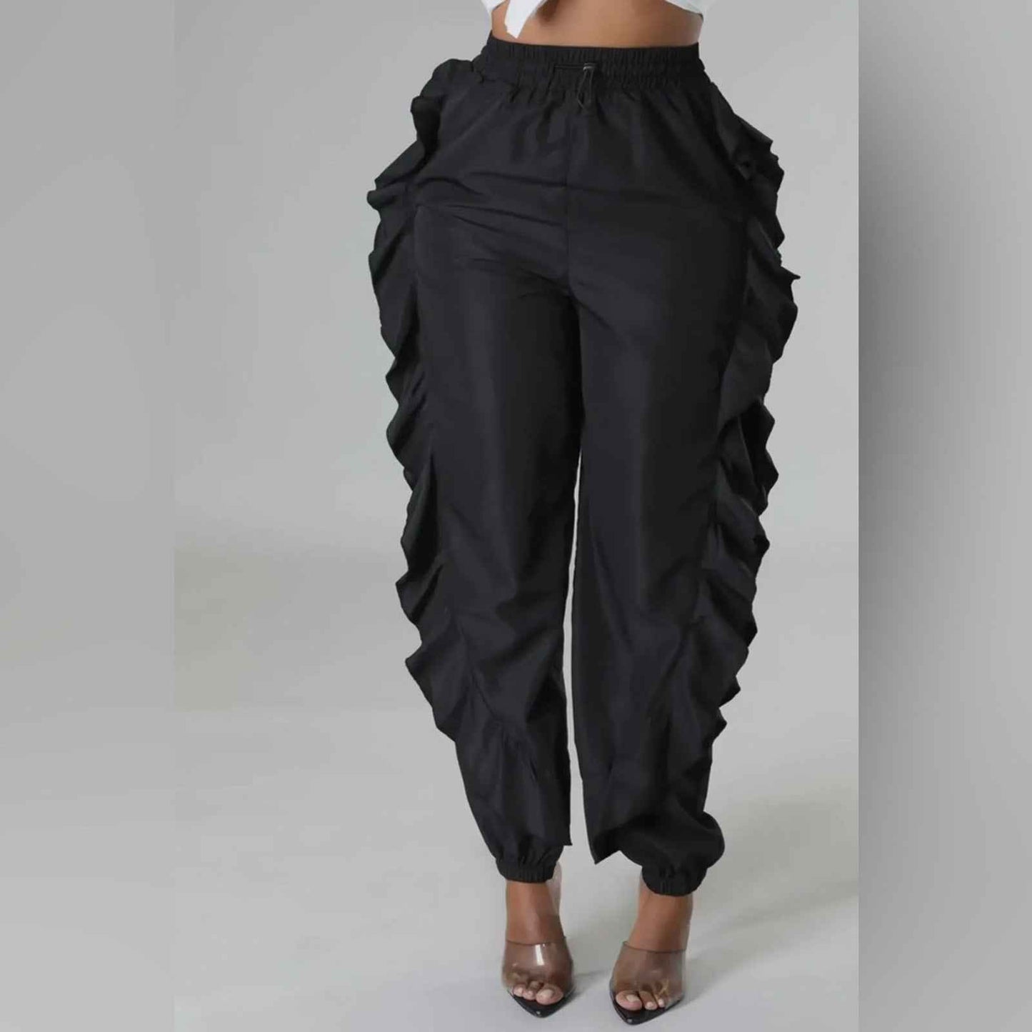 Drawstring Waist Ruffle Side Cargo Pants