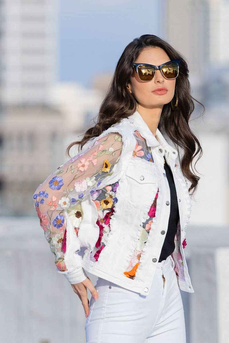 2406W - White Denim Jacket with Floral Embroidery