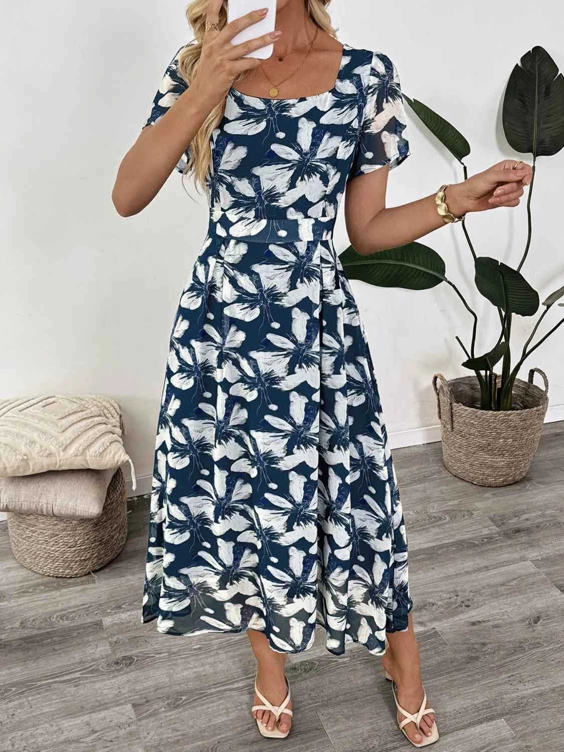 Printed Square Neck Midi Dress