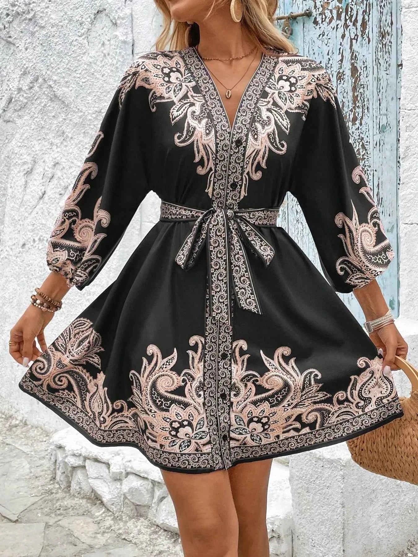 Printed V-Neck Balloon Sleeve Mini Dress
