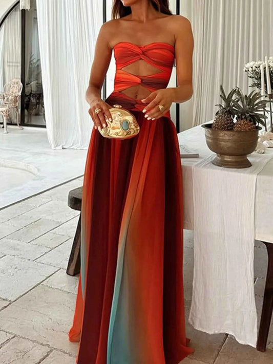 Strapless Cut-Out Rainbow Gradient Maxi Dress