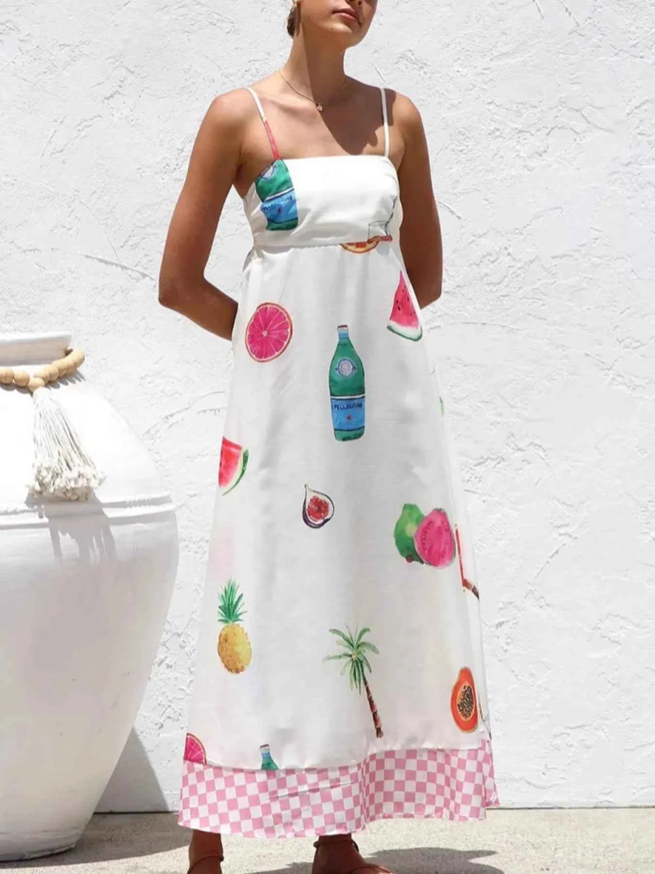 Printed Checkered Hem Cami Midi Dress