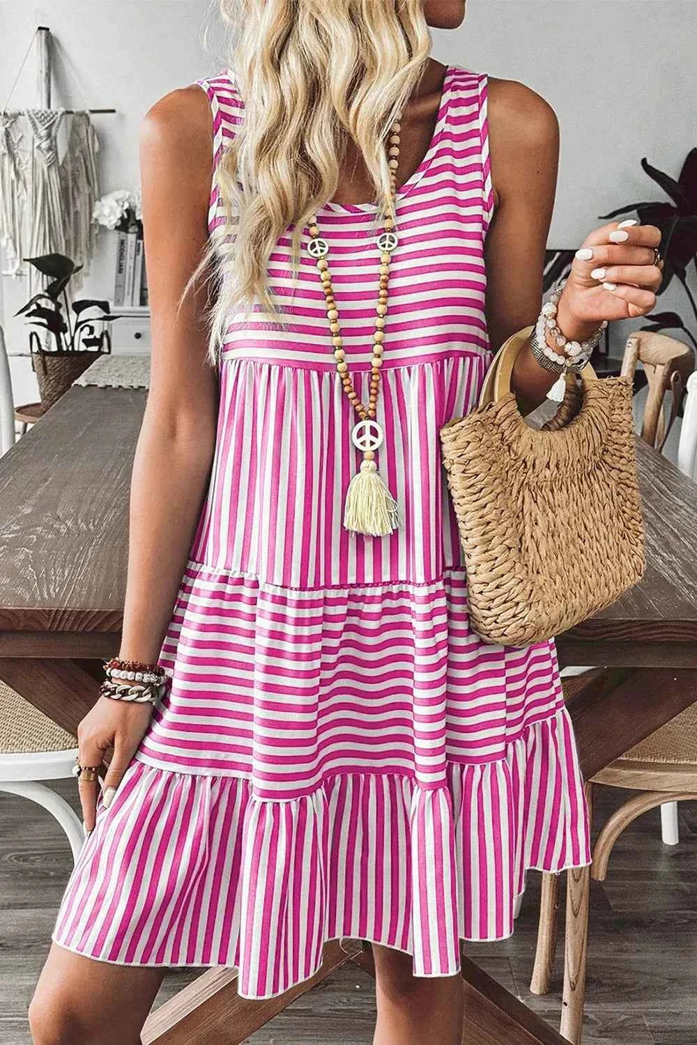 Stripe U Neck Sleeveless Loose Fit Mini Dress