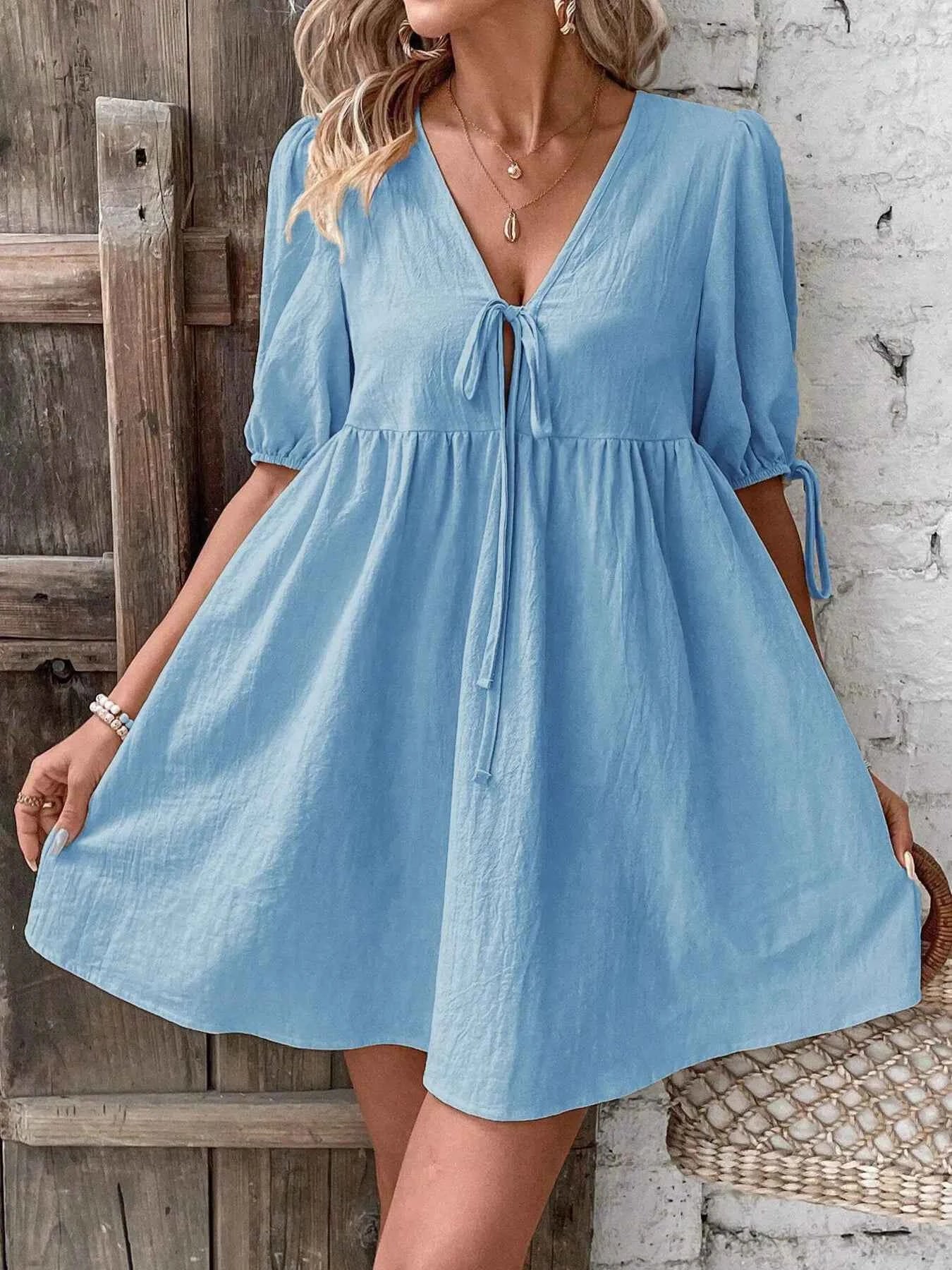 V-Neck Tie-Front Mini Dress with Puff Sleeves