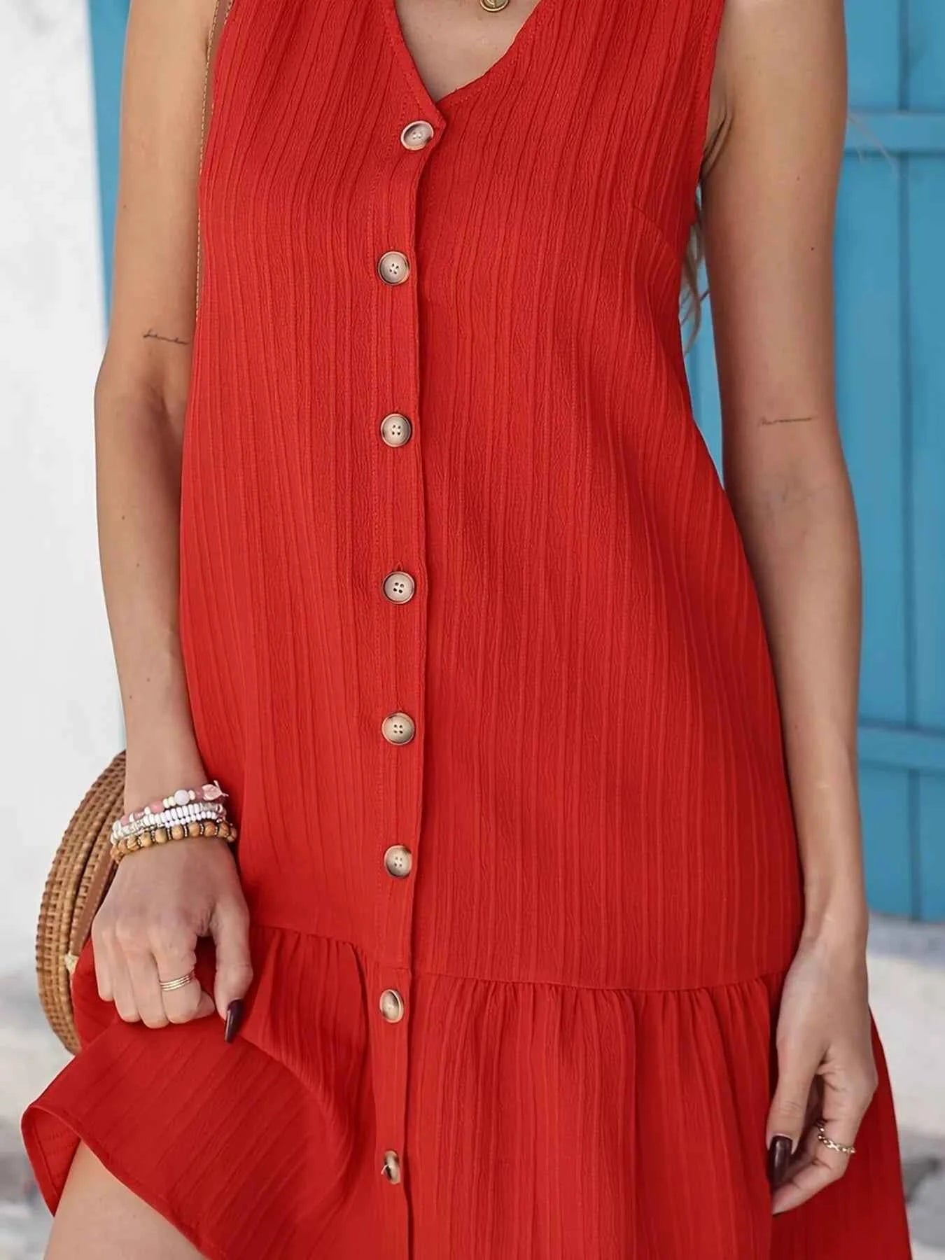 V-Neck Button-Front Ruffle Hem Dress