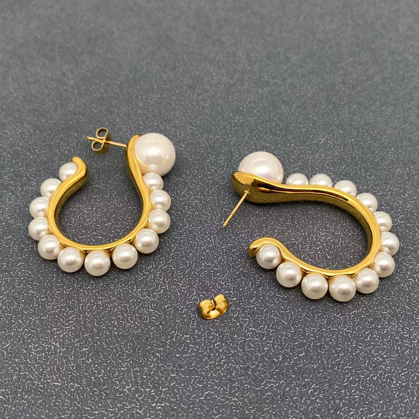 FGS - Inlaid Pearl Hook Shape 18K Gold Plated Post Earrings