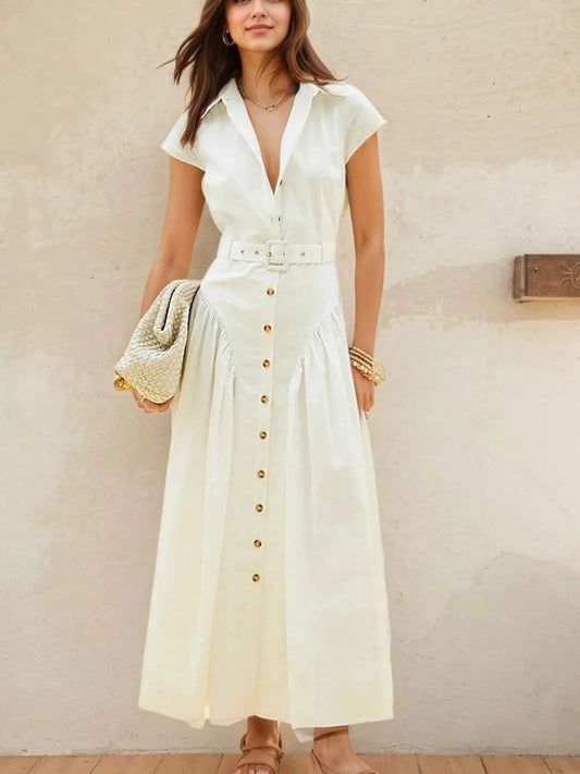 Button-Front Cap Sleeve Midi Shirt Dress