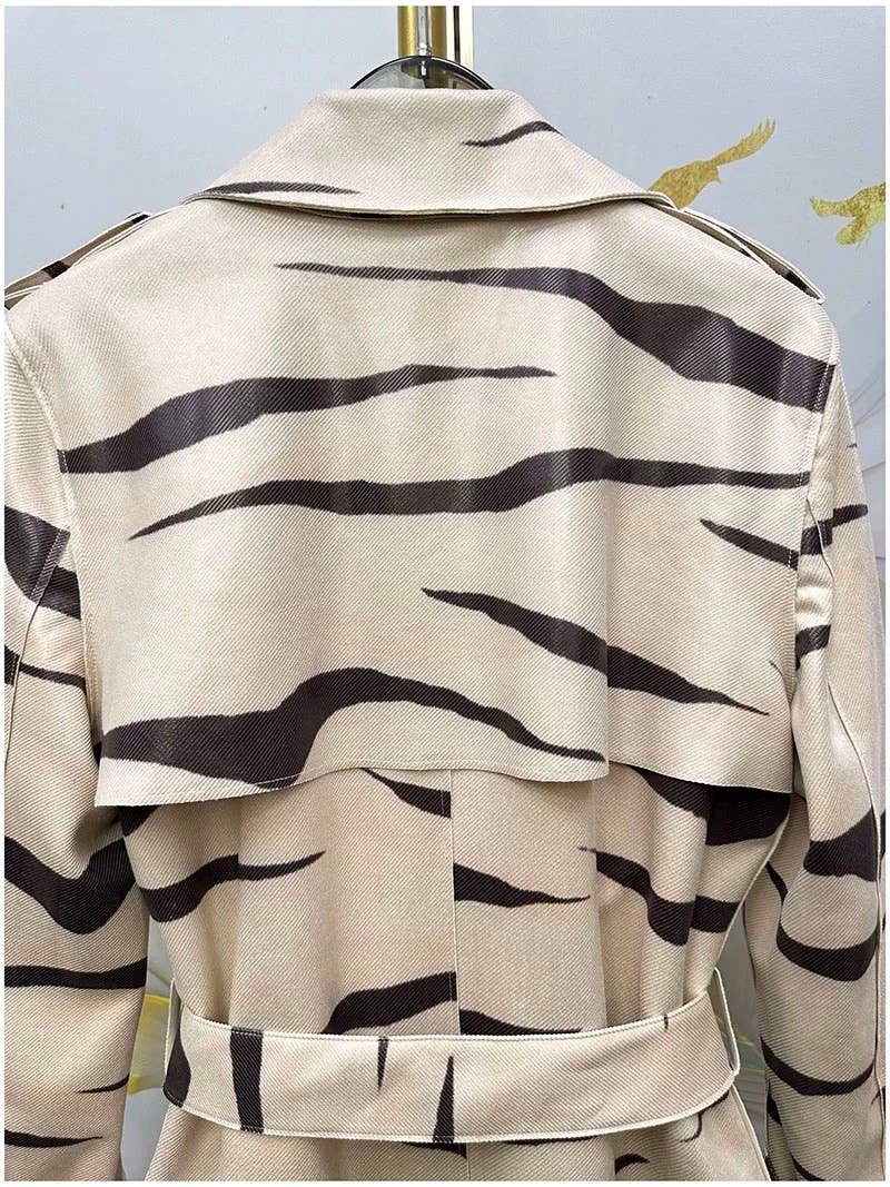 CT184Y Elegant Printed Belted Lapel Trench Coat for Women