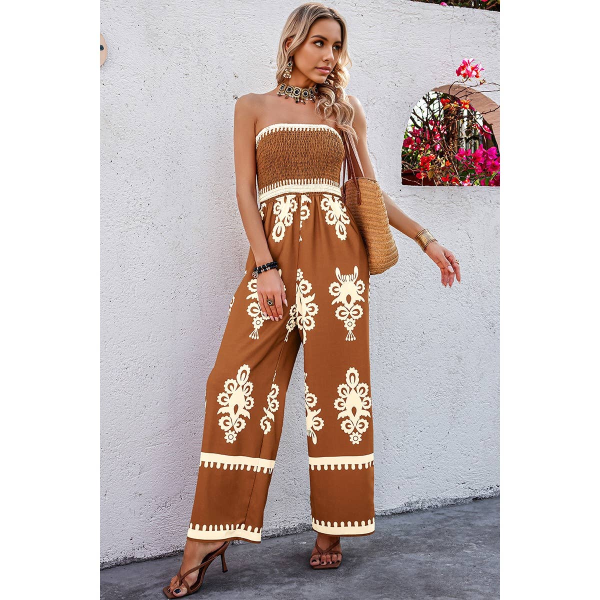 Off Shoulder Ruched Printed High Waist Jumpsuit