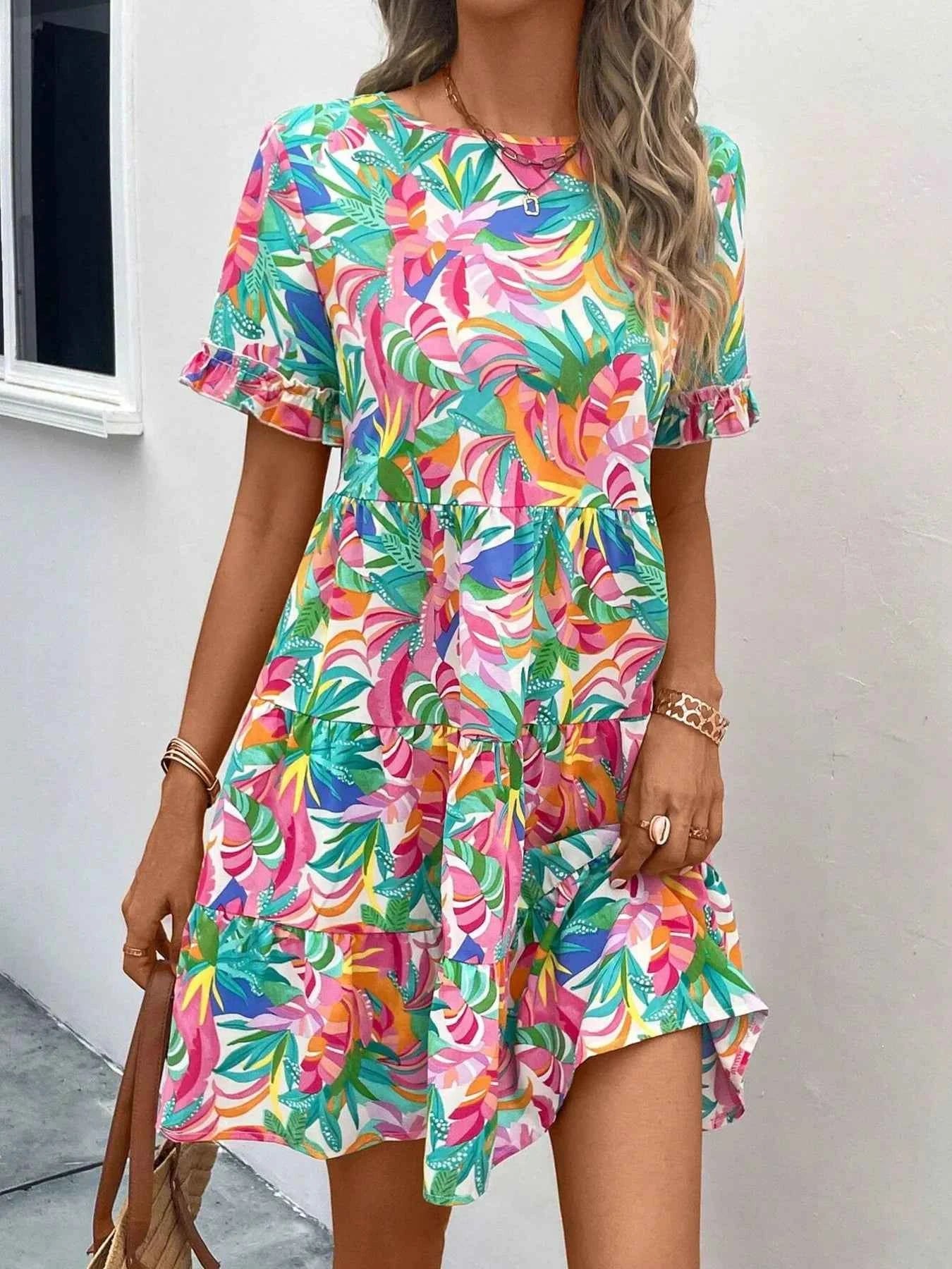 Printed Round Neck Short Sleeve Dress
