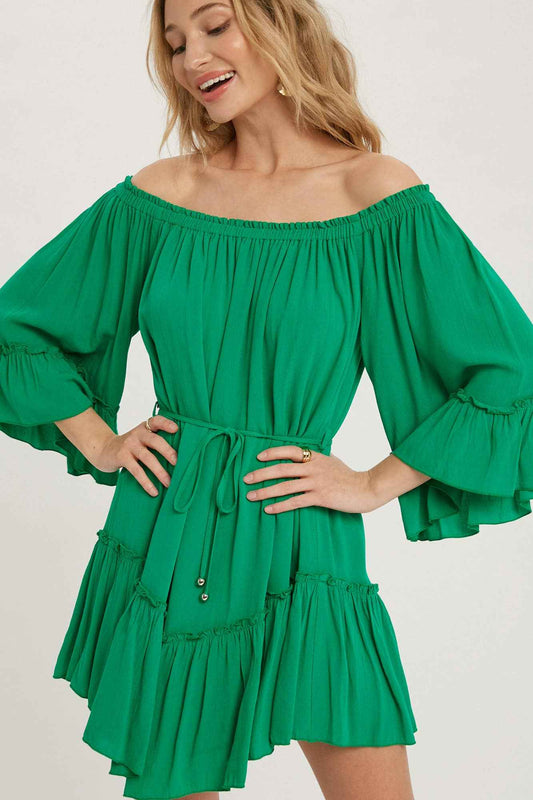 RUFFLED SOLID BOHO DRESS