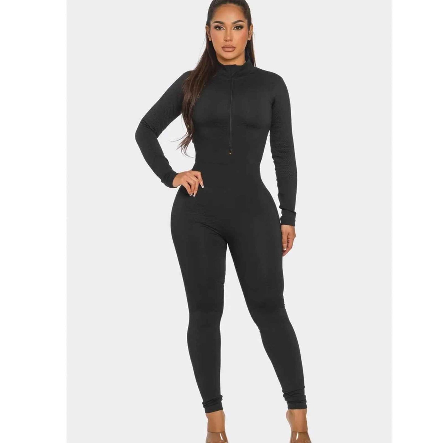 Ribbed Half Zip Long Sleeve Bodycon Jumpsuit