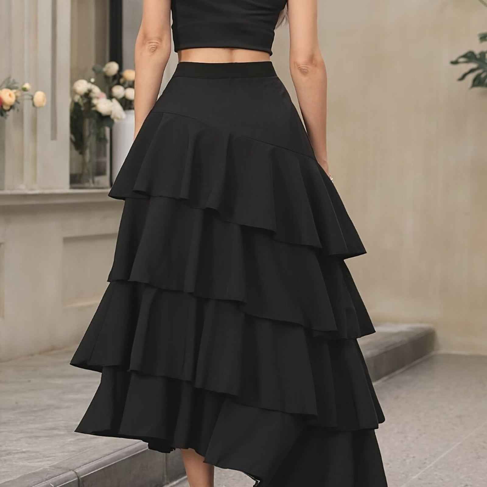 Elegant Ruffle Hem Tiered Skirt - High Waist Perfect for Womens Curvy Figure