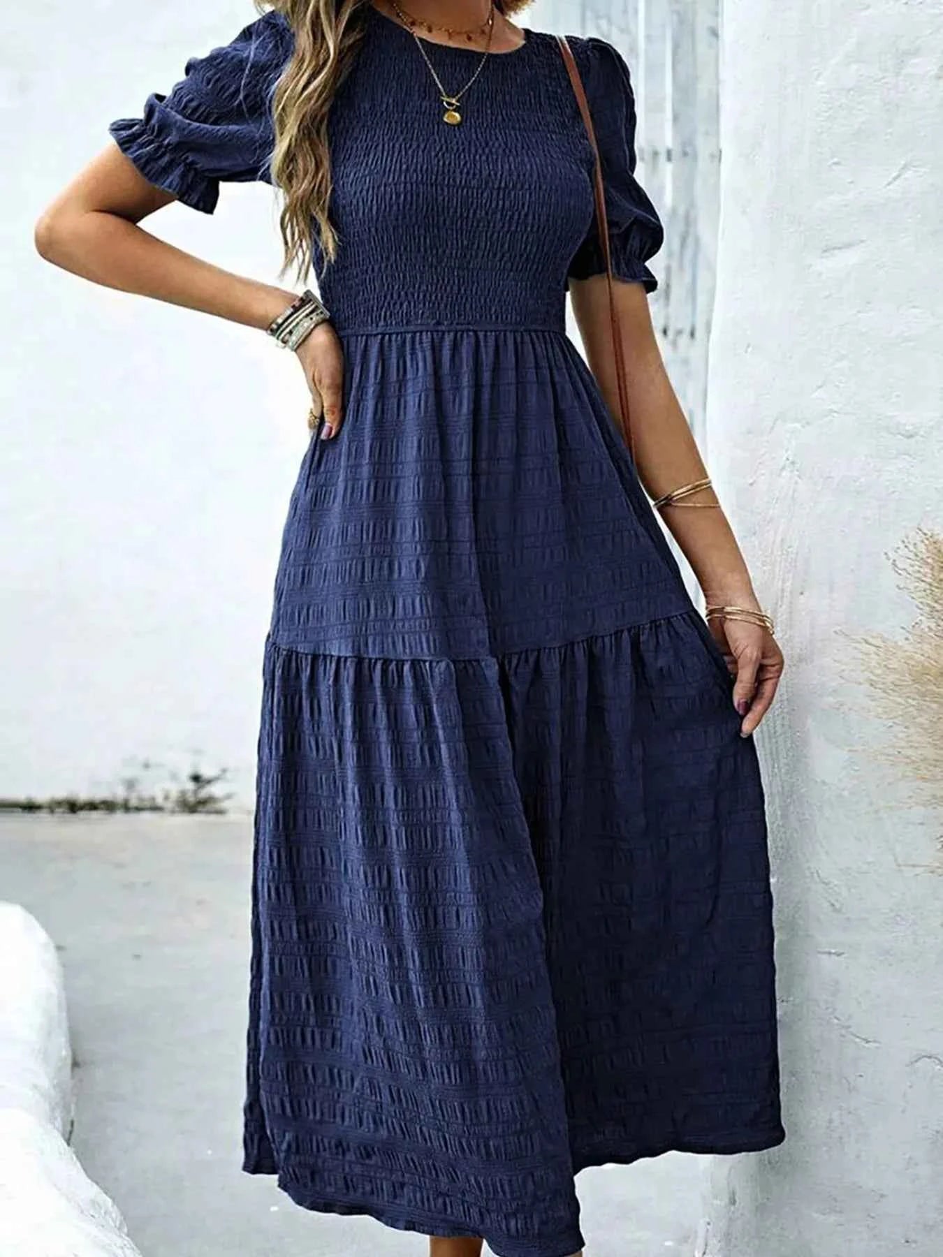Smocked Short Sleeve Midi Dress