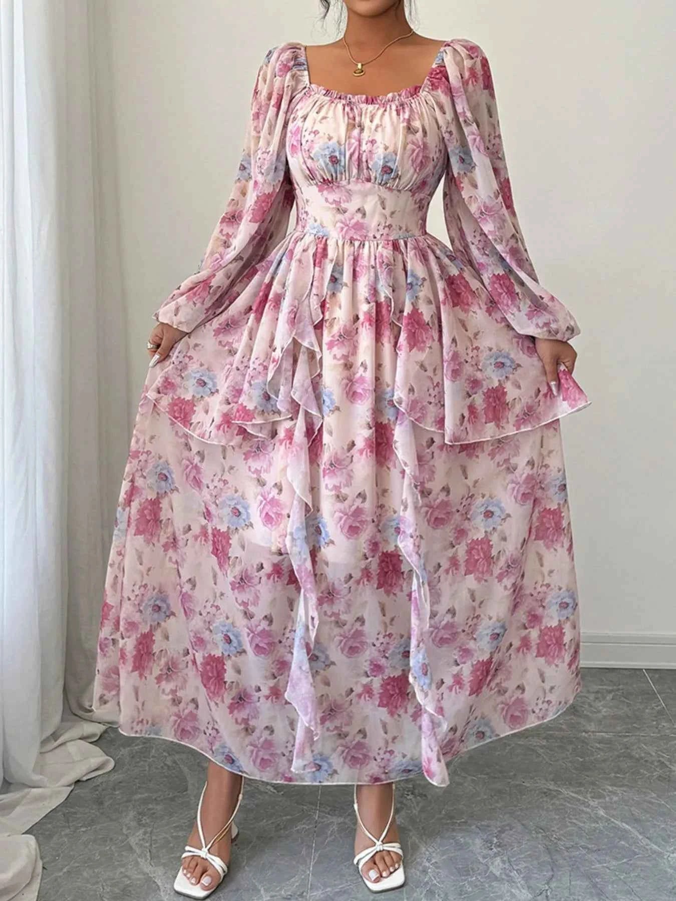 Ruffled Floral Print Balloon Sleeve Maxi Dress