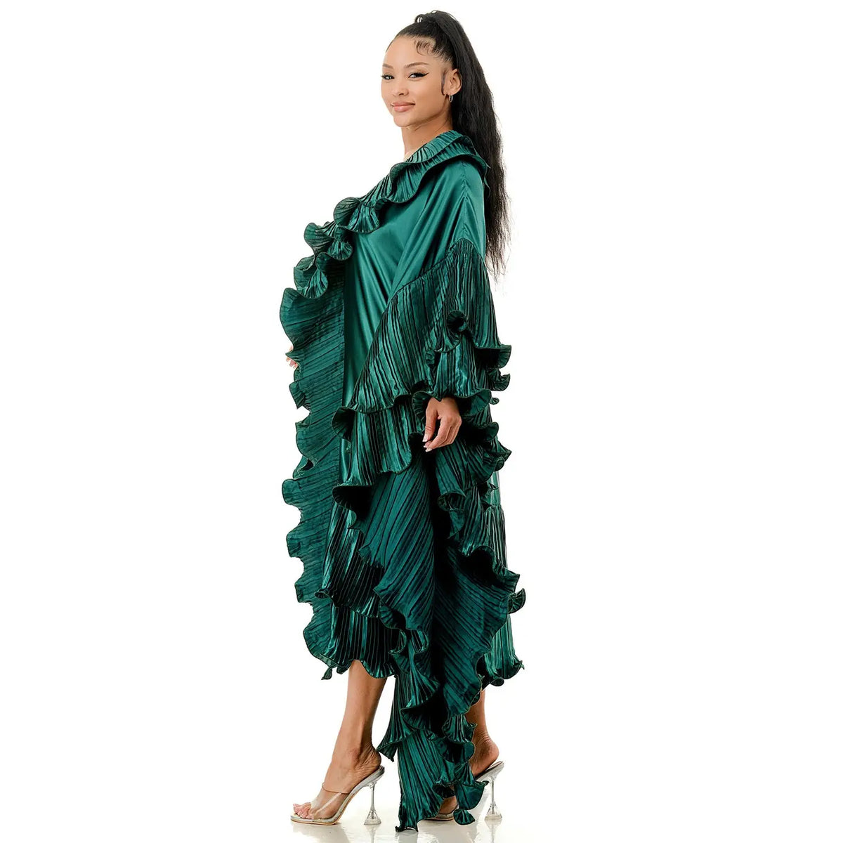 Plus Size Green Metallic Ruffle Maxi Duster Coat