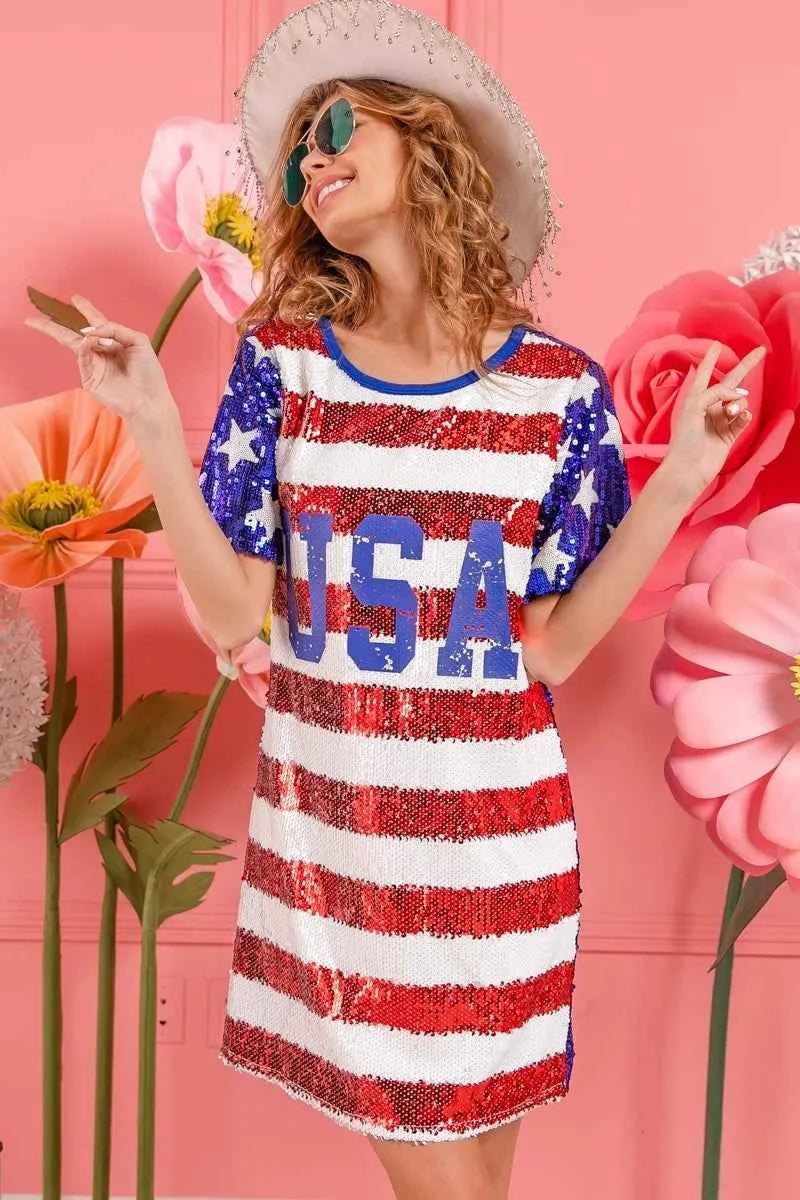 BiBi American Flag Theme Usa Print Sequin Dress