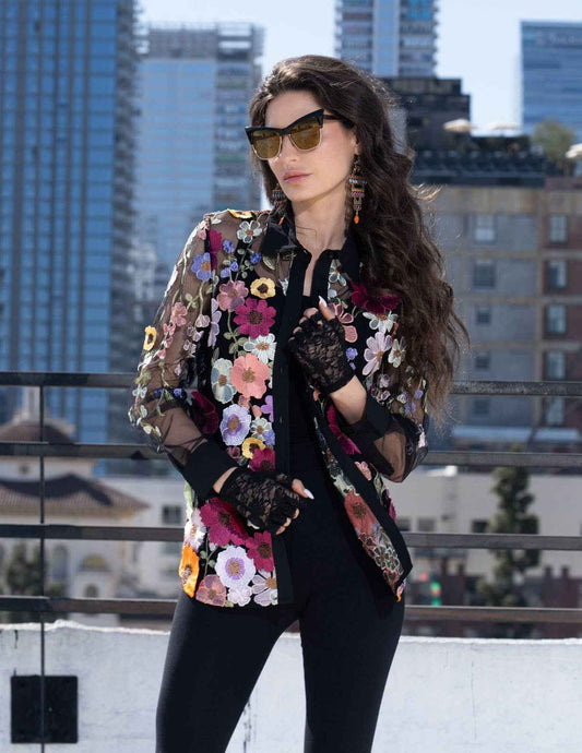 L3675-BLK BUTTON DOWN TOP WITH FLORAL MULTI COLOR EMBROIDERY