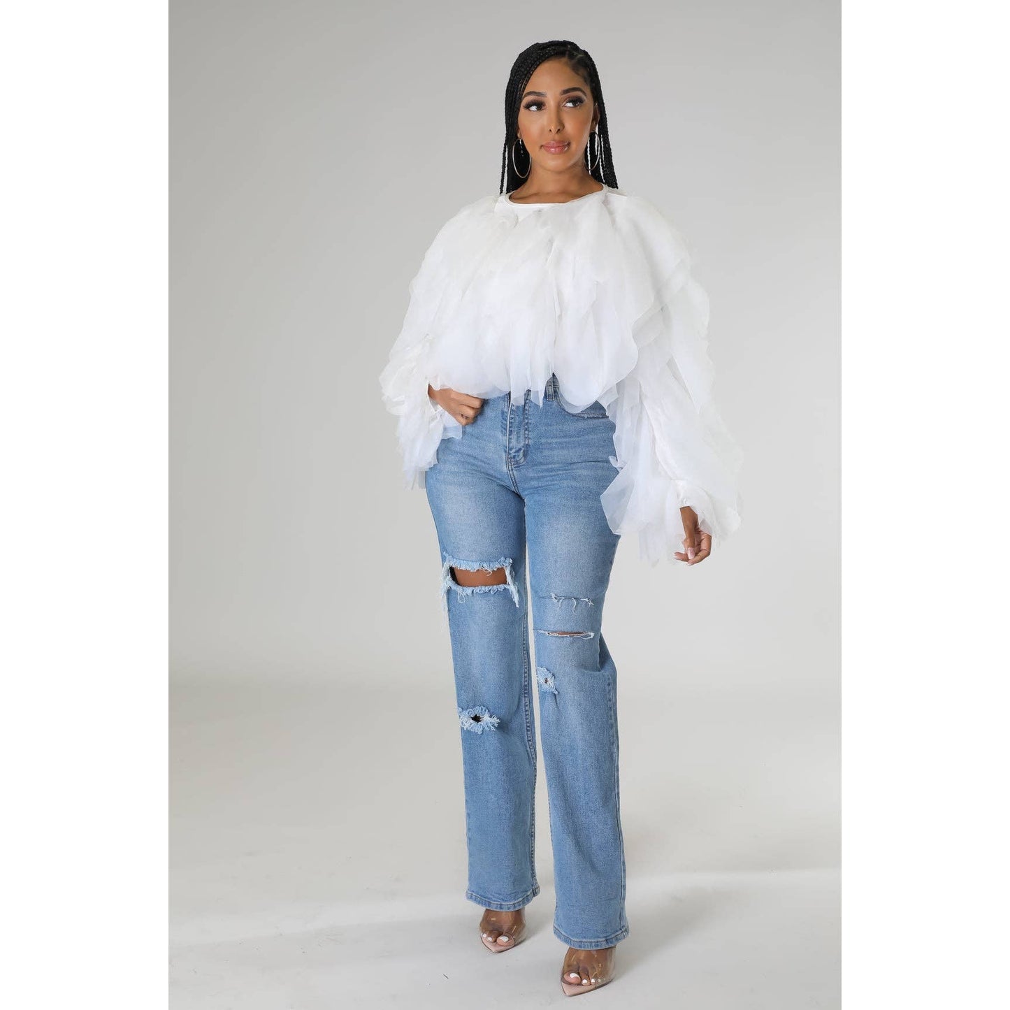 Plus Long Sleeve Ruffle Tulle Crop Top Blouse