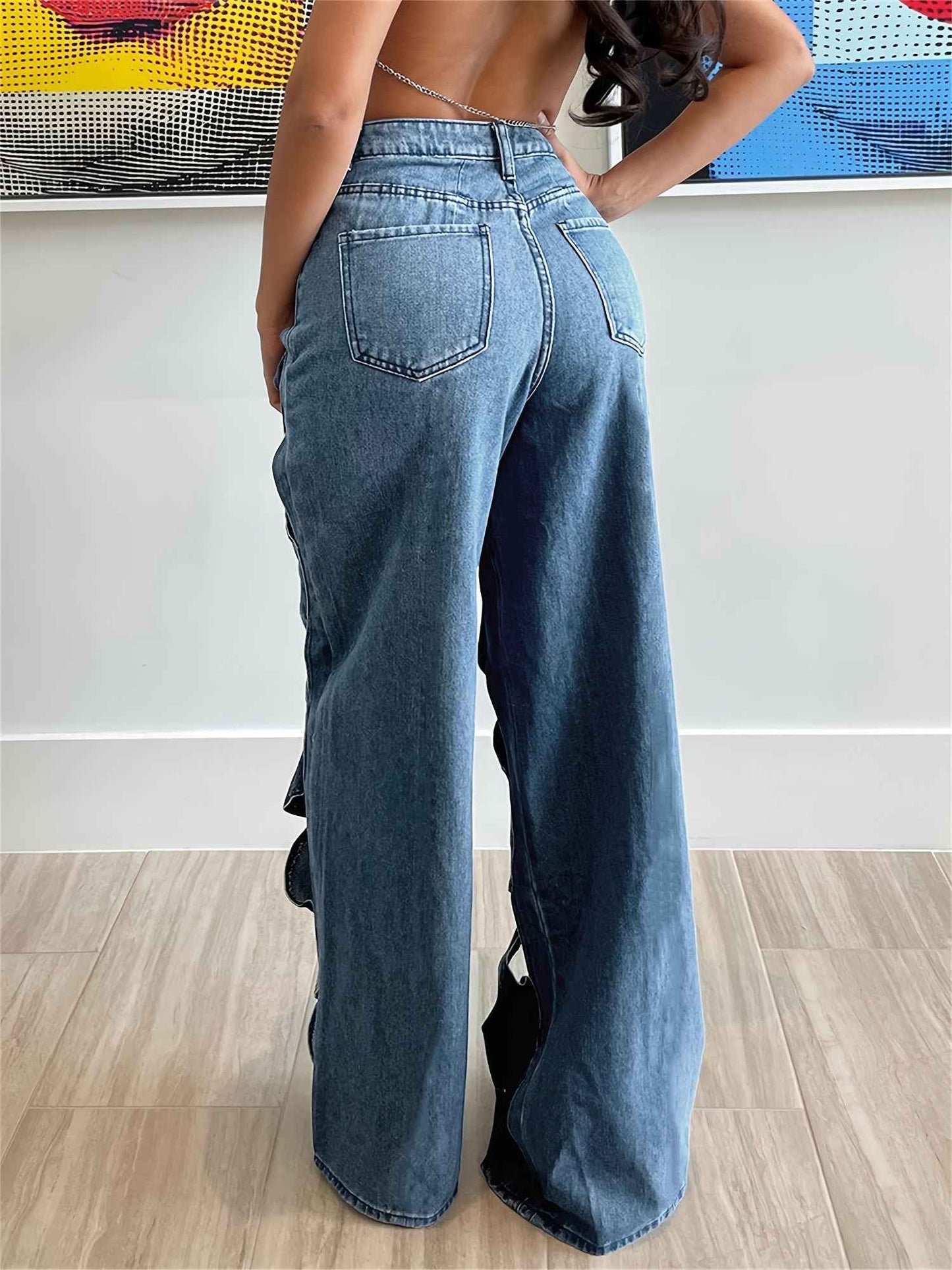 High-Waisted Distressed Denim Jeans - Sexy Hollow-Out Design