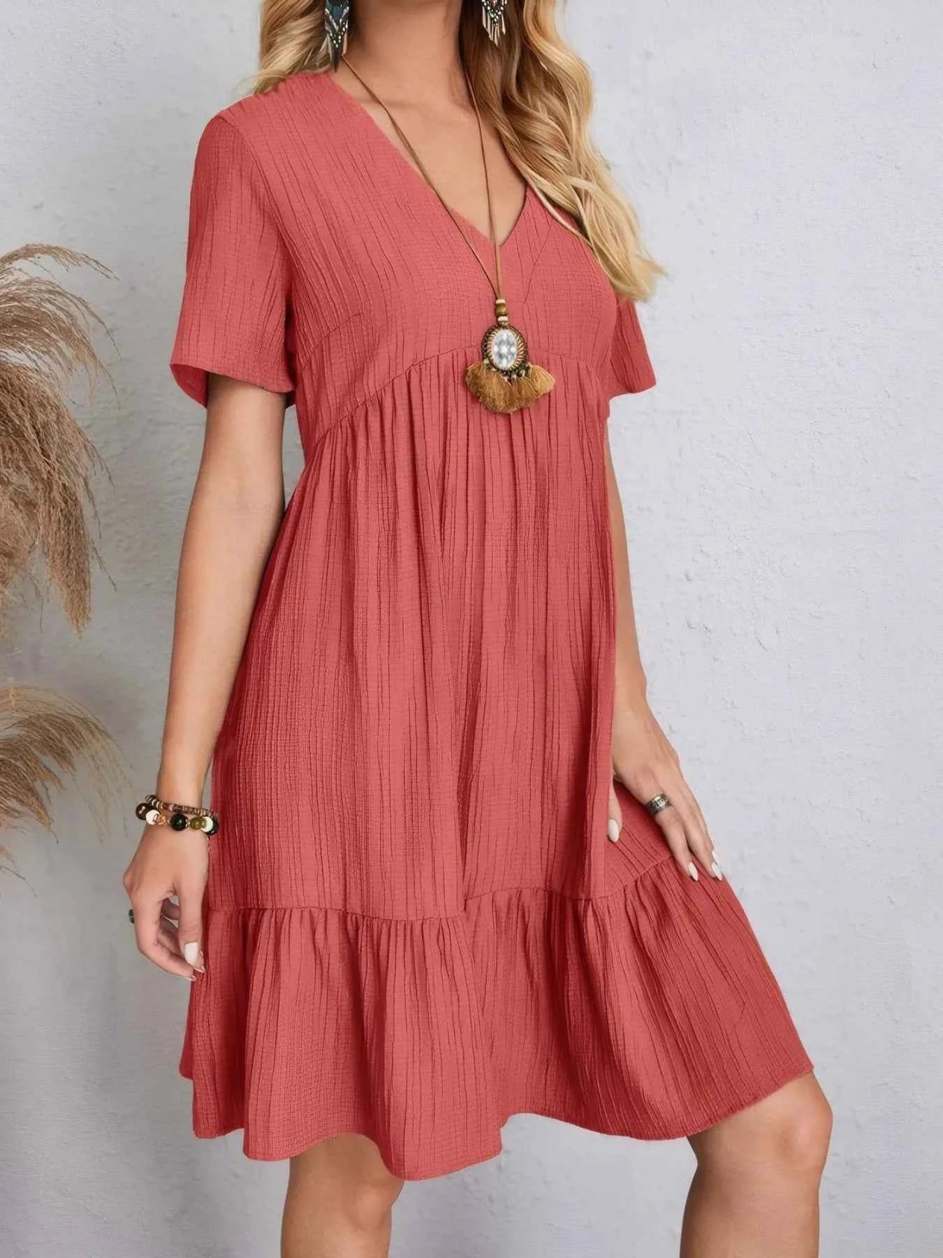 V-Neck Tiered Dress with Flutter Sleeves