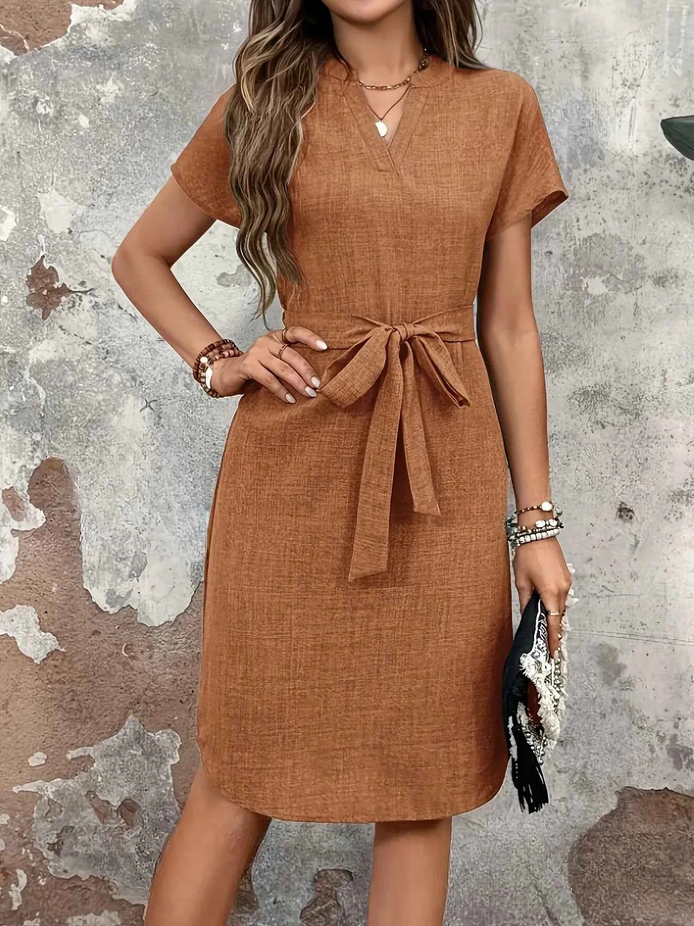 Textured Notched Tie-Waist Dress