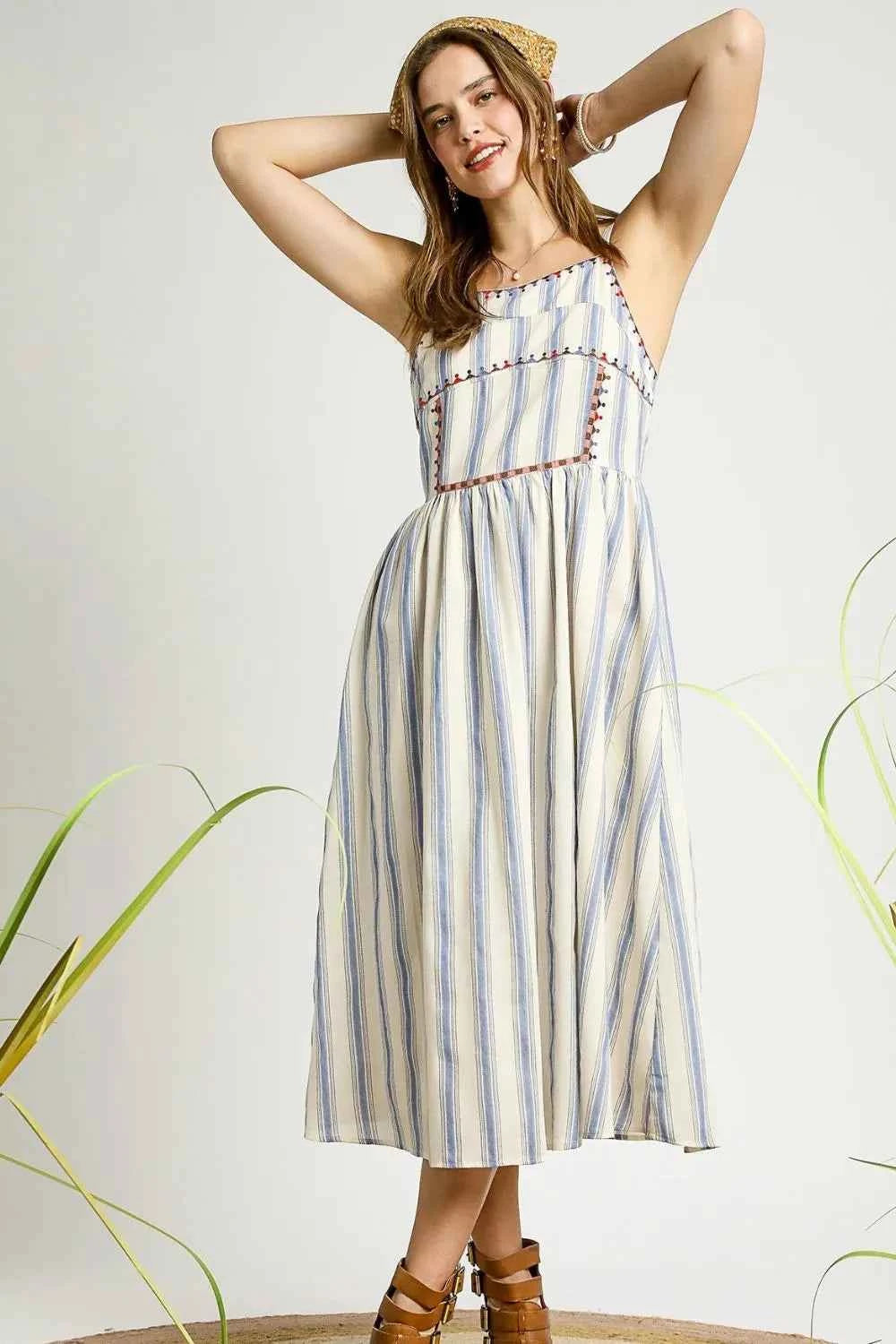 Umgee Striped Colorful Embroidered Trim Cami Dress