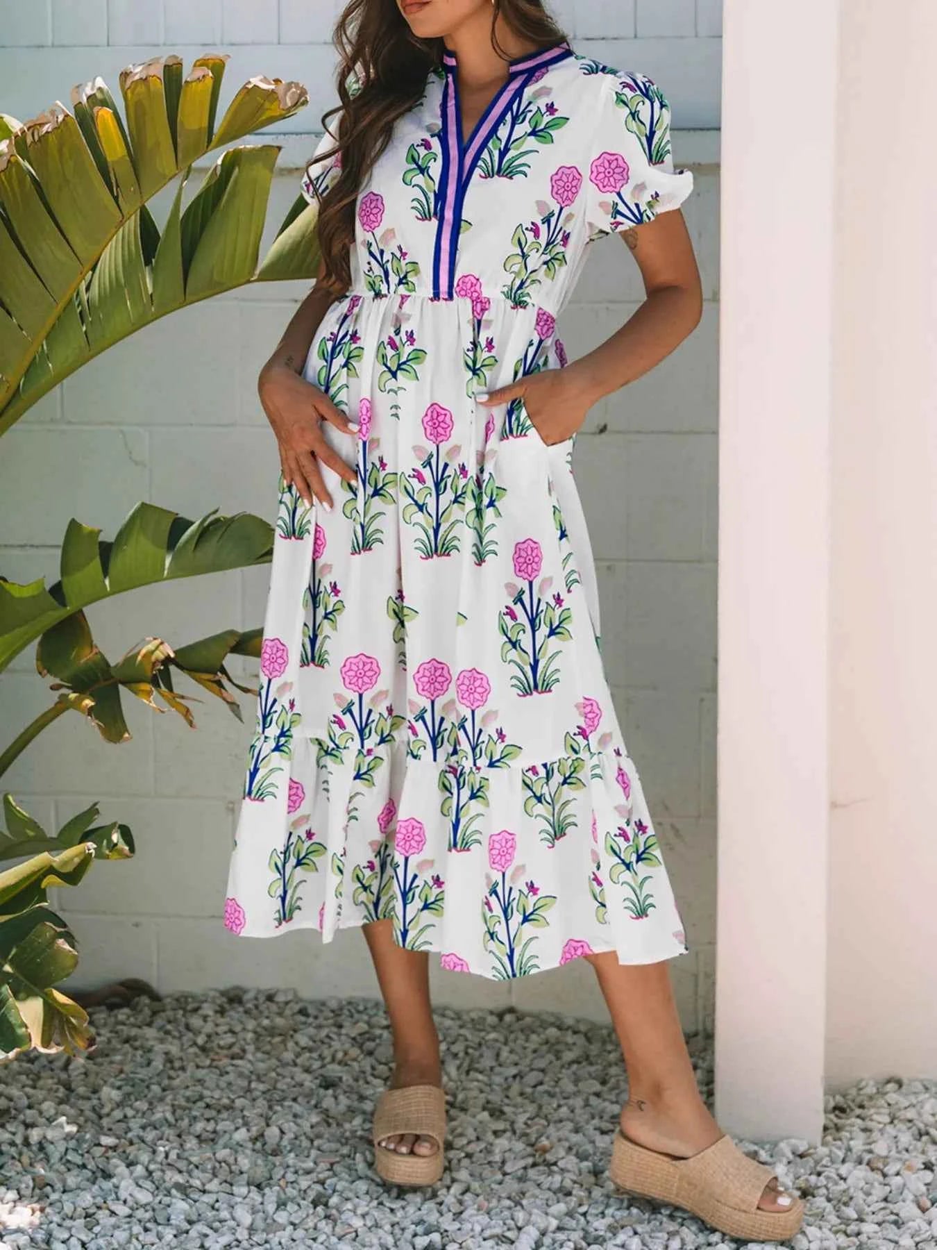 Printed Short Sleeve Midi Dress with Pockets