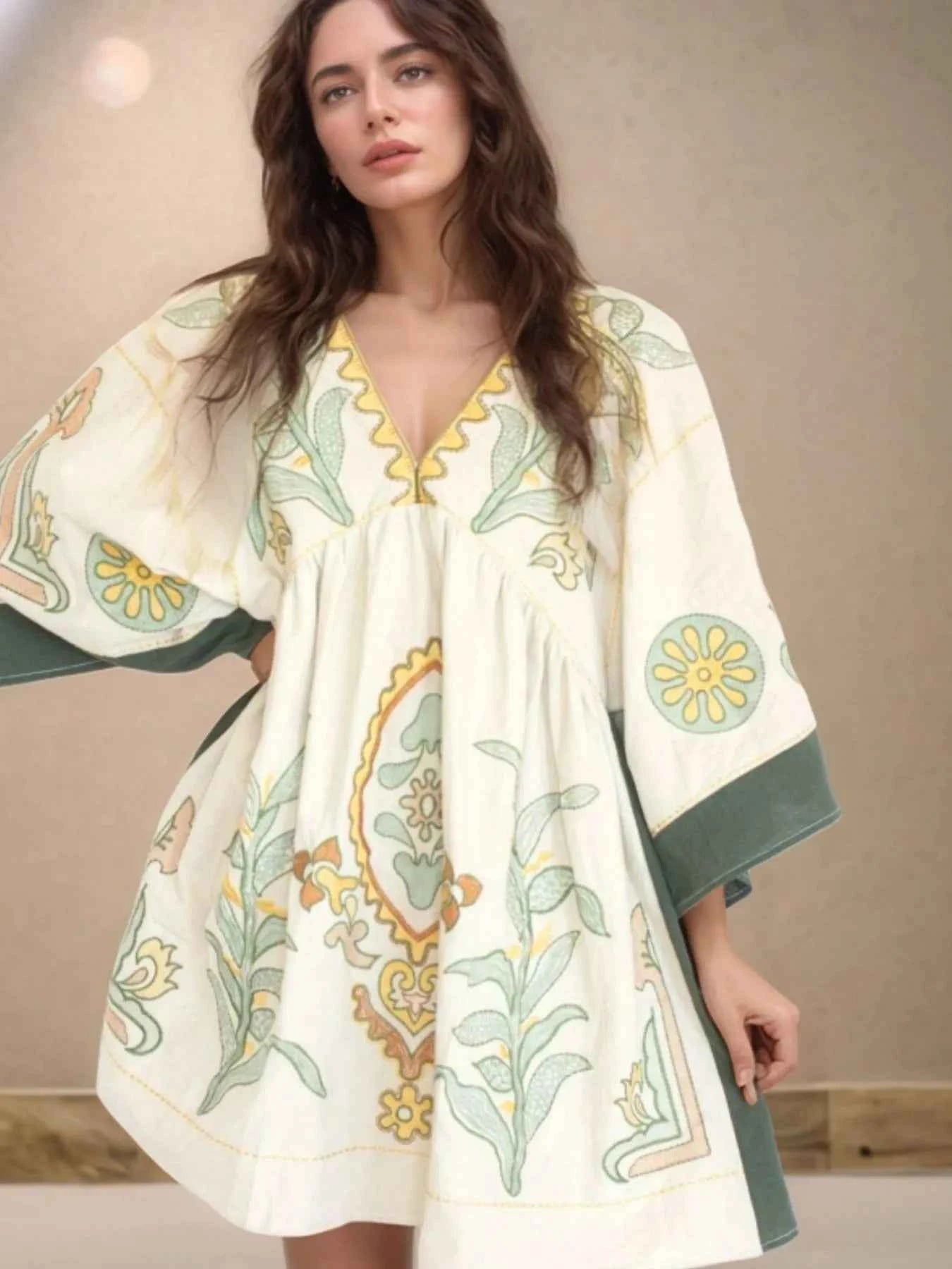 Printed V-Neck Kimono Sleeve Mini Dress