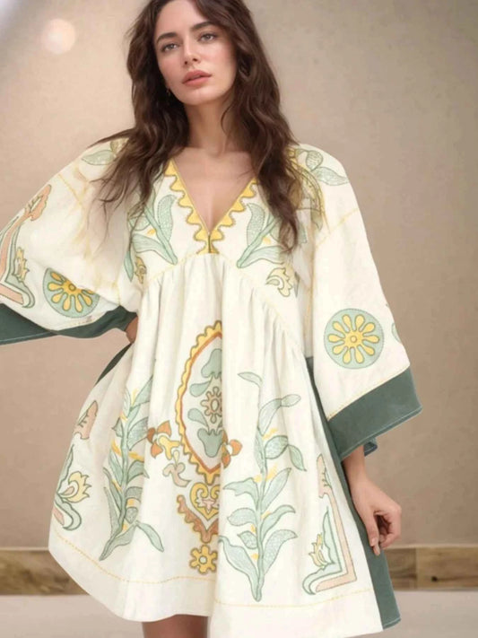 Printed V-Neck Kimono Sleeve Mini Dress