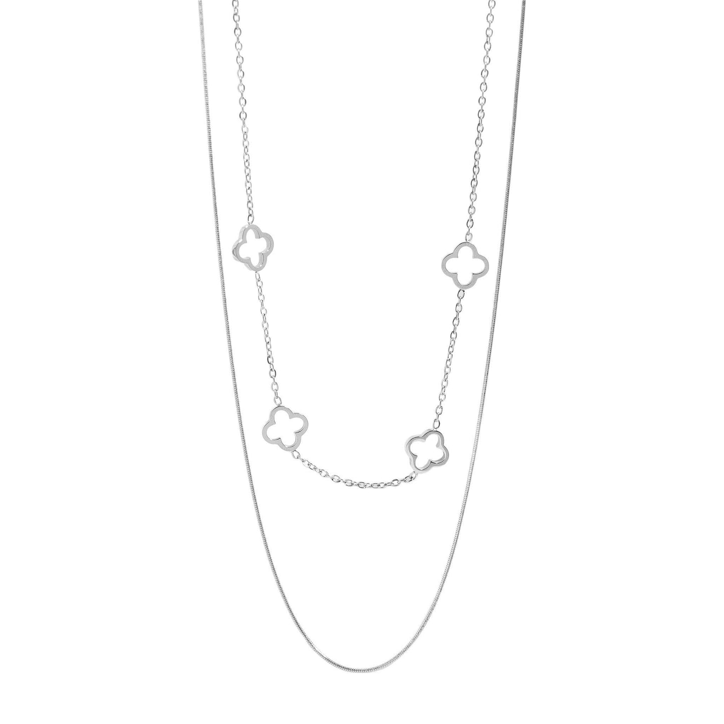 18K Gold PVD Stainless Steel Layered Clover Charm Necklace