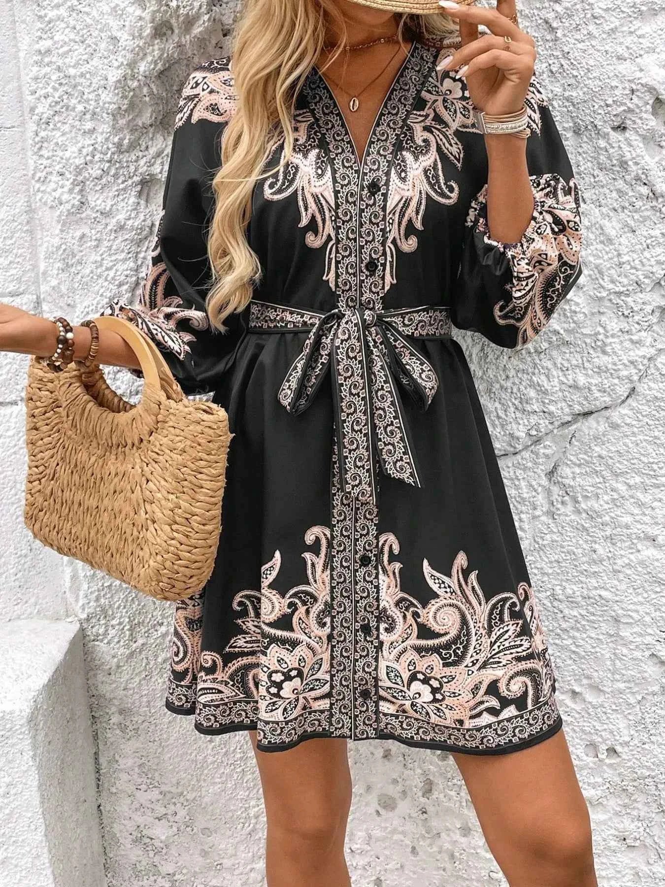 Printed V-Neck Balloon Sleeve Mini Dress