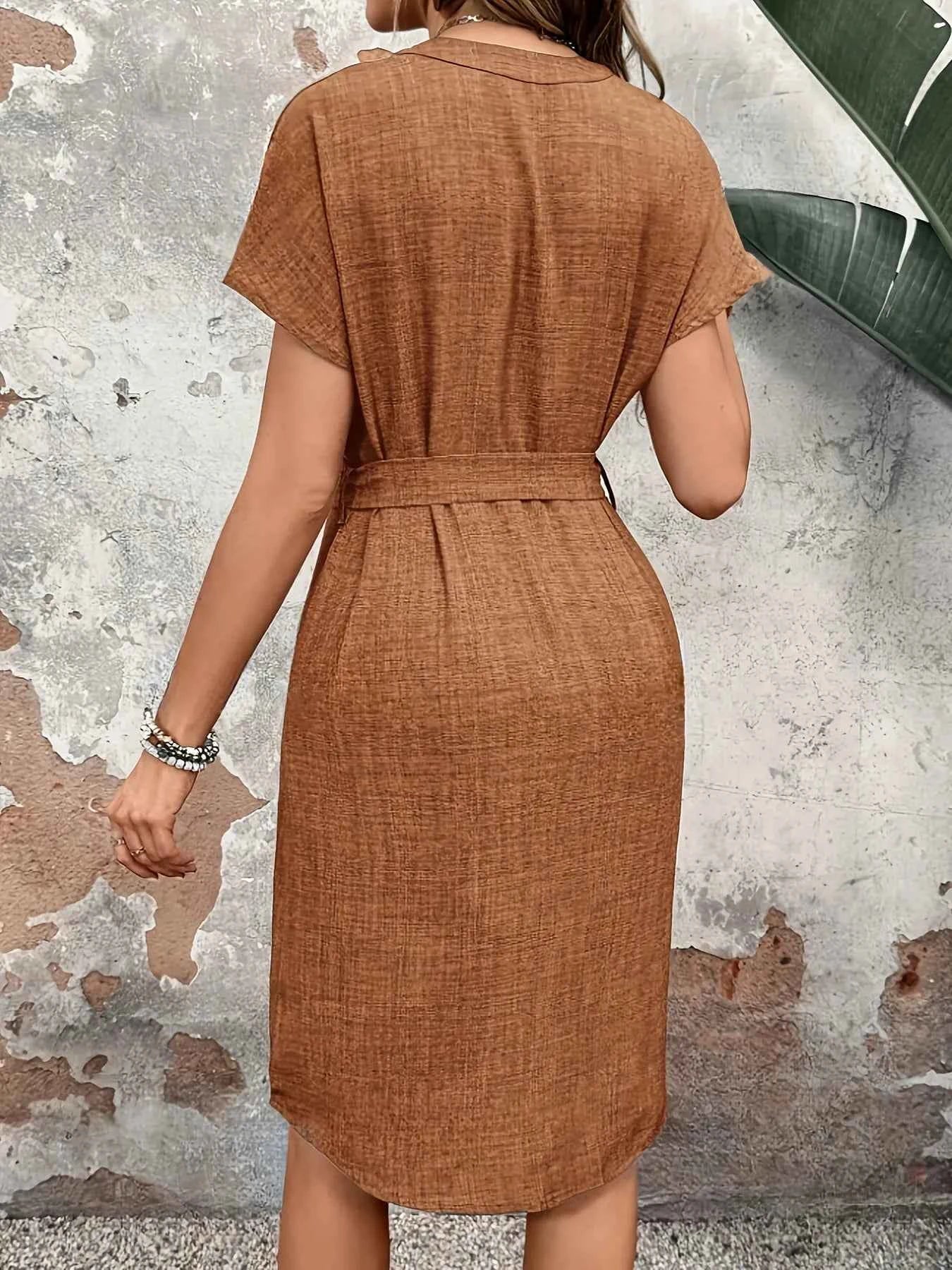 Textured Notched Tie-Waist Dress