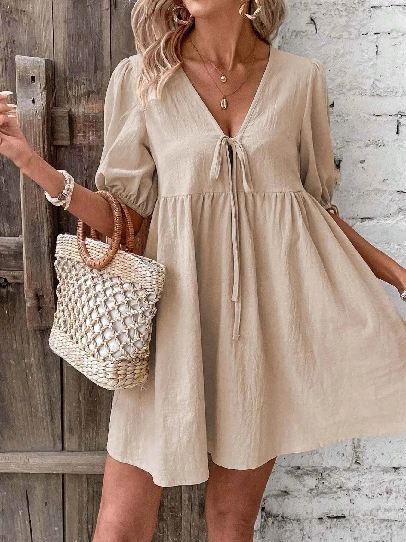 V-Neck Tie-Front Mini Dress with Puff Sleeves