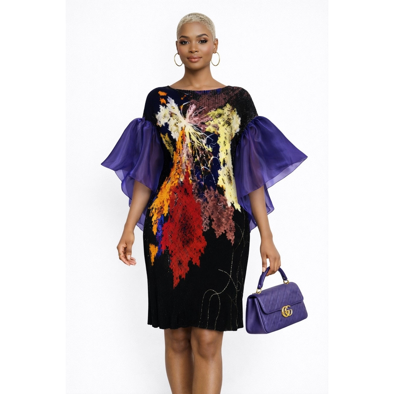 Abstract Pleated Balloon Sleeve Dress