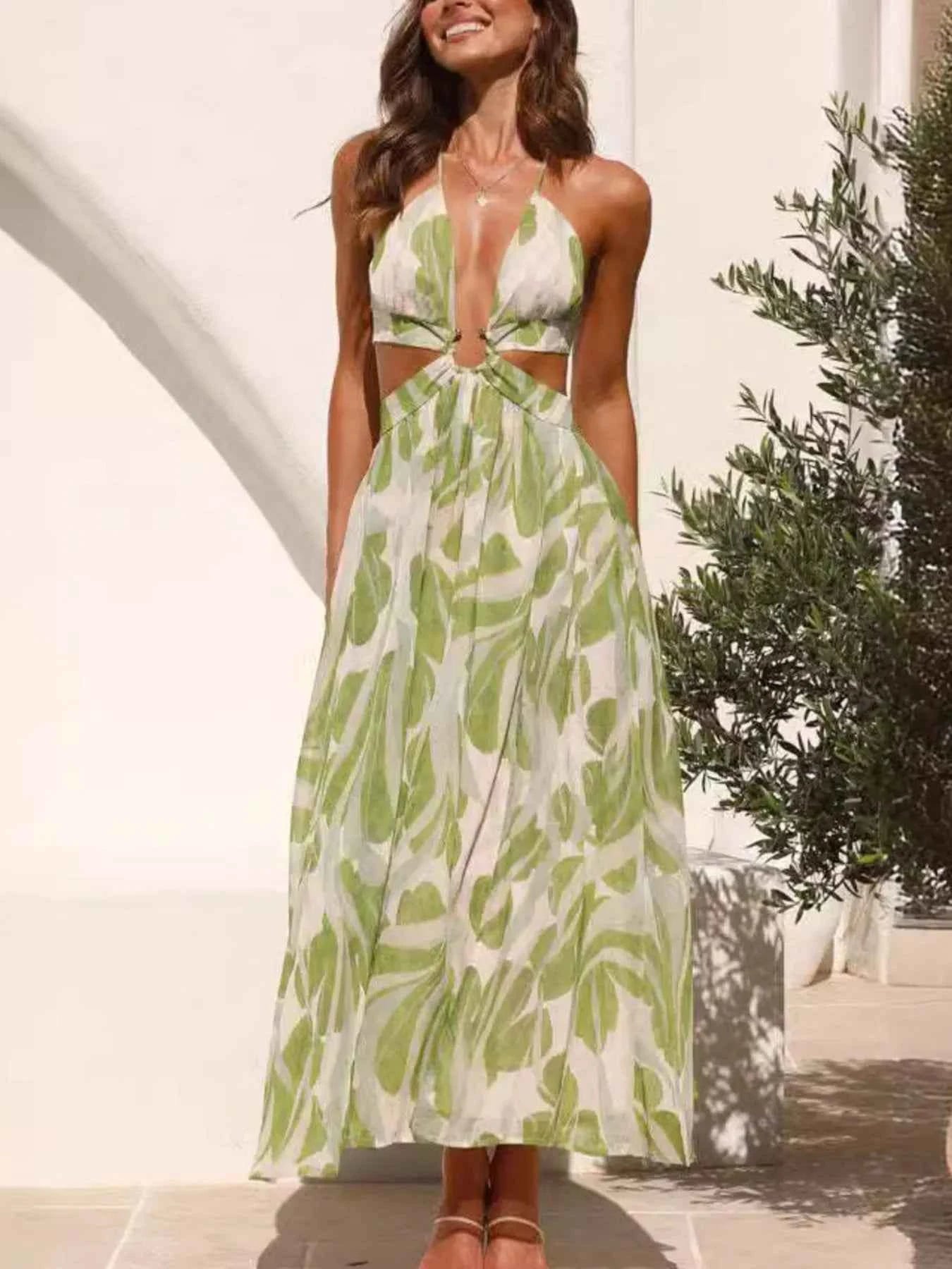 Tropical Print Backless Maxi Sleeveless Dress