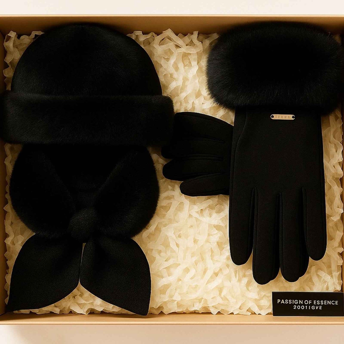 Classic Black Faux Fur 3-Piece Winter Set – Hat, Wrap Scarf & Gloves