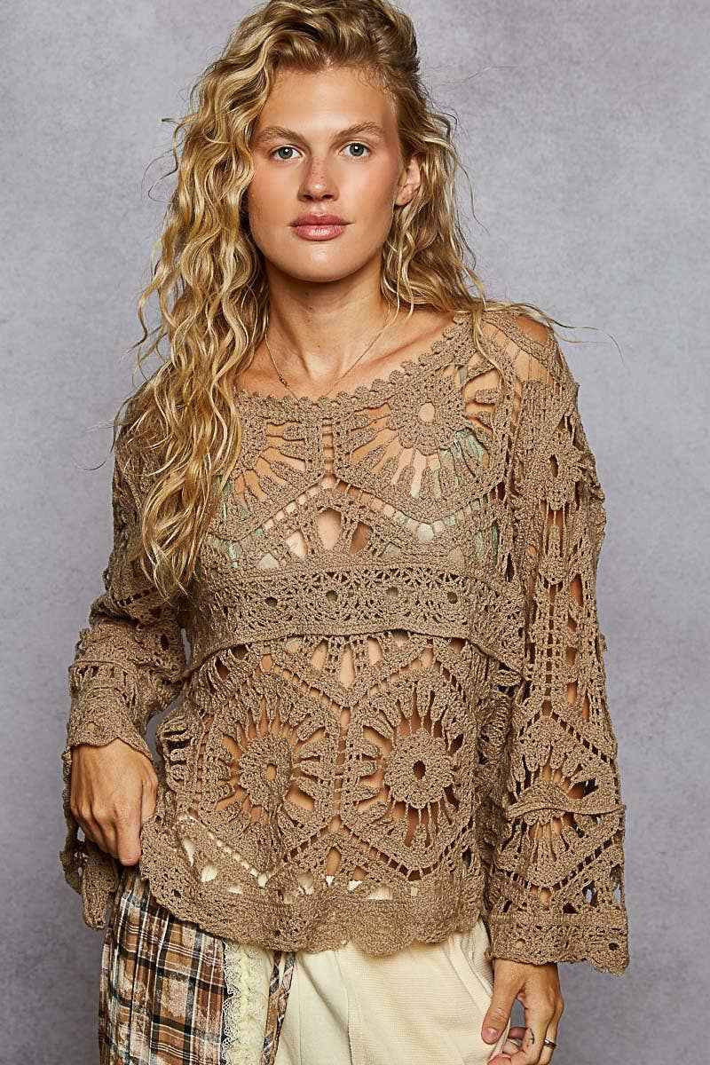 Round neck 3/4 sleeve crochet cropped top