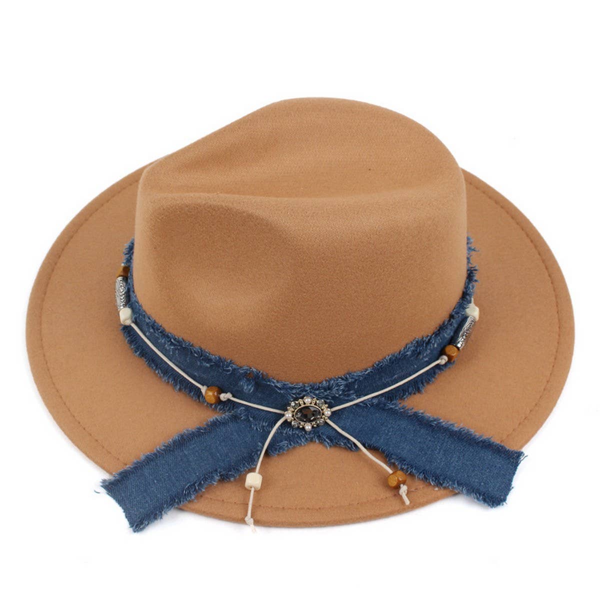 WOMEN'S DENIM BLUE FABRIC BAND PANAMA HAT