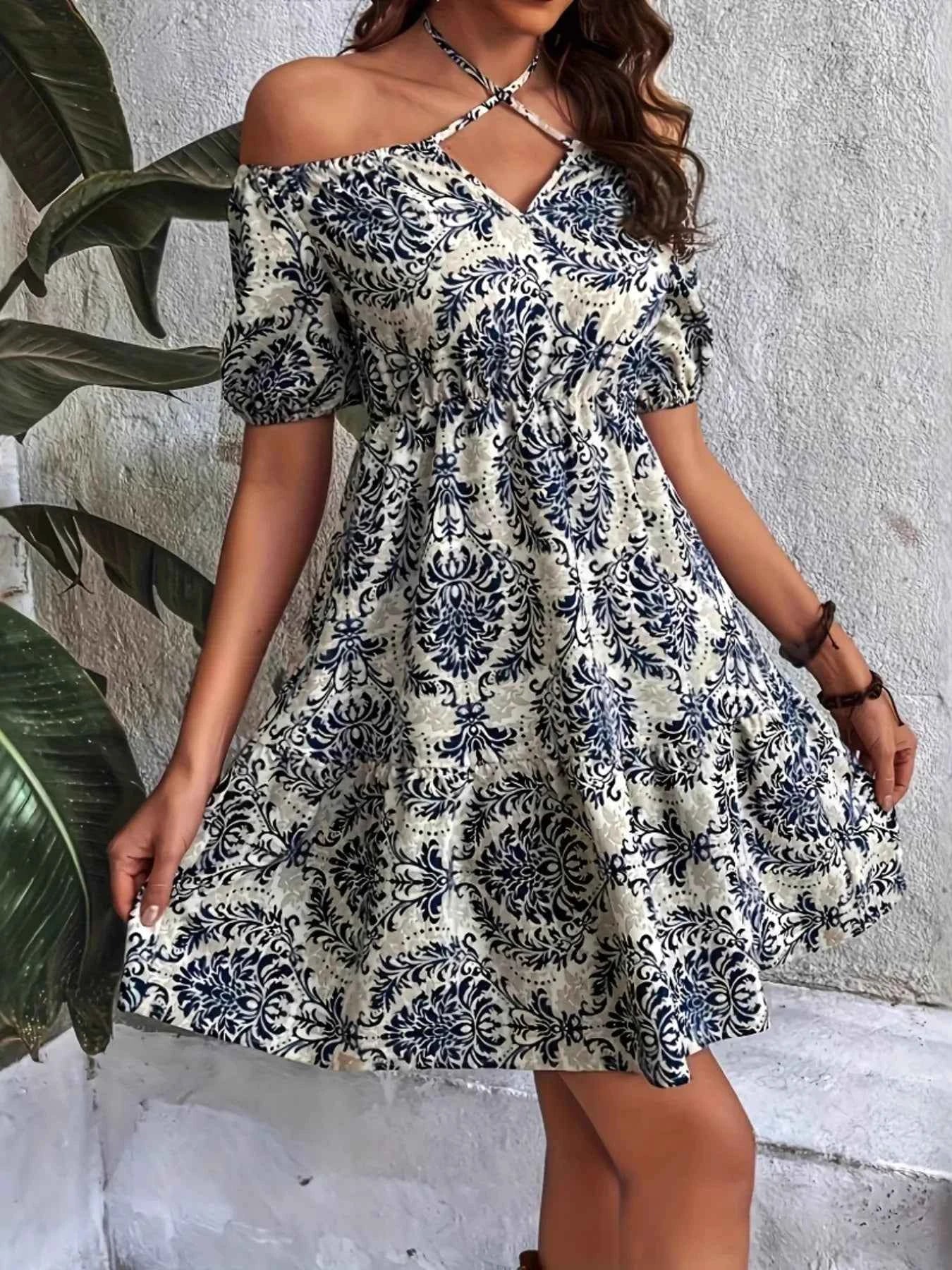 Off-Shoulder Printed Smocked Mini Dress