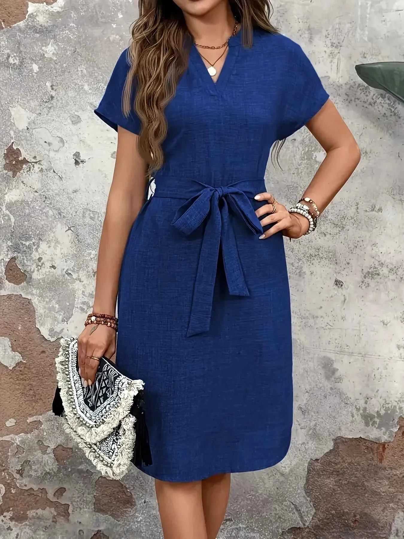 Textured Notched Tie-Waist Dress