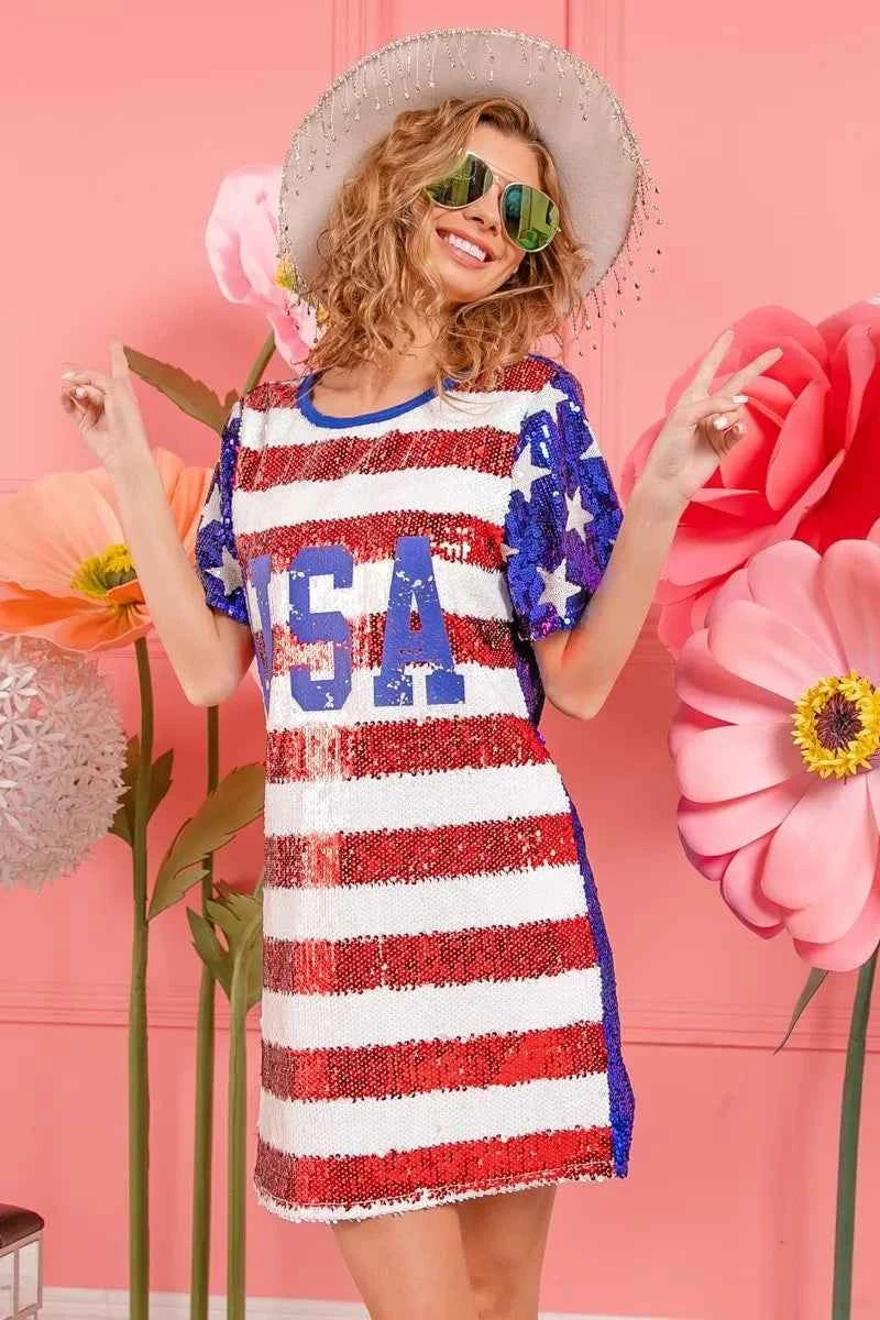BiBi American Flag Theme Usa Print Sequin Dress
