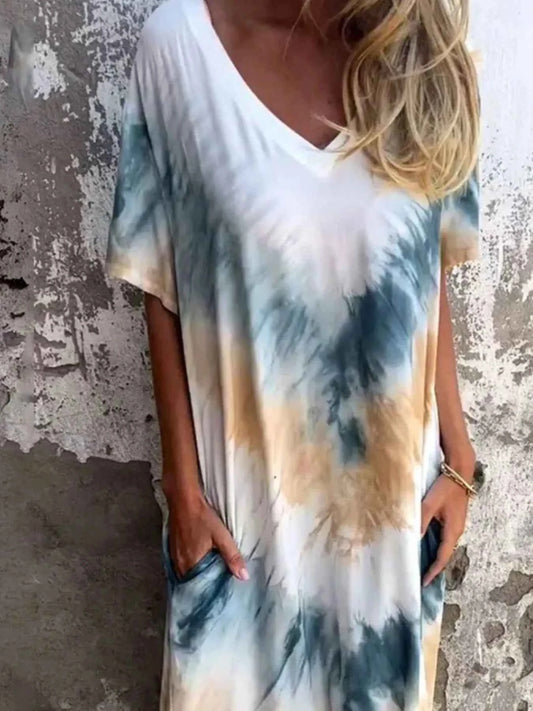 Full Size Tie-Dye V-Neck Midi Dress with Pockets Plus Size