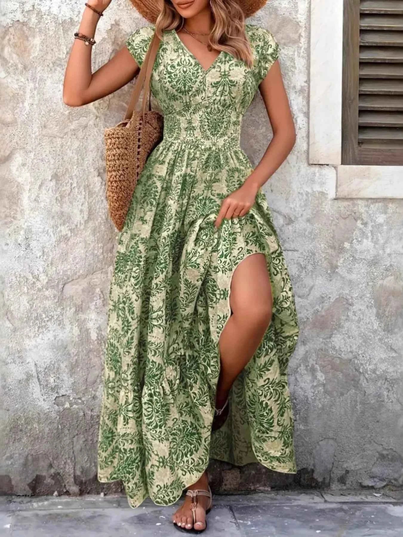 Printed V-Neck Cap Sleeve Maxi Dress