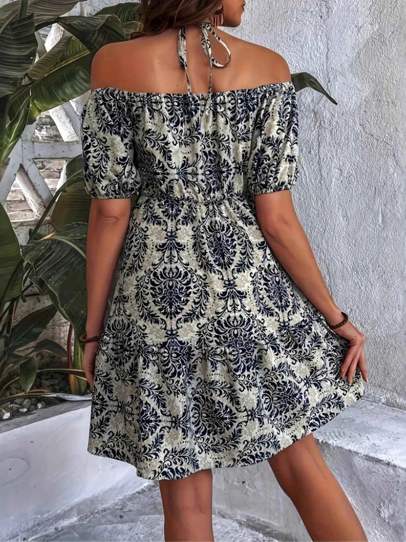Off-Shoulder Printed Smocked Mini Dress