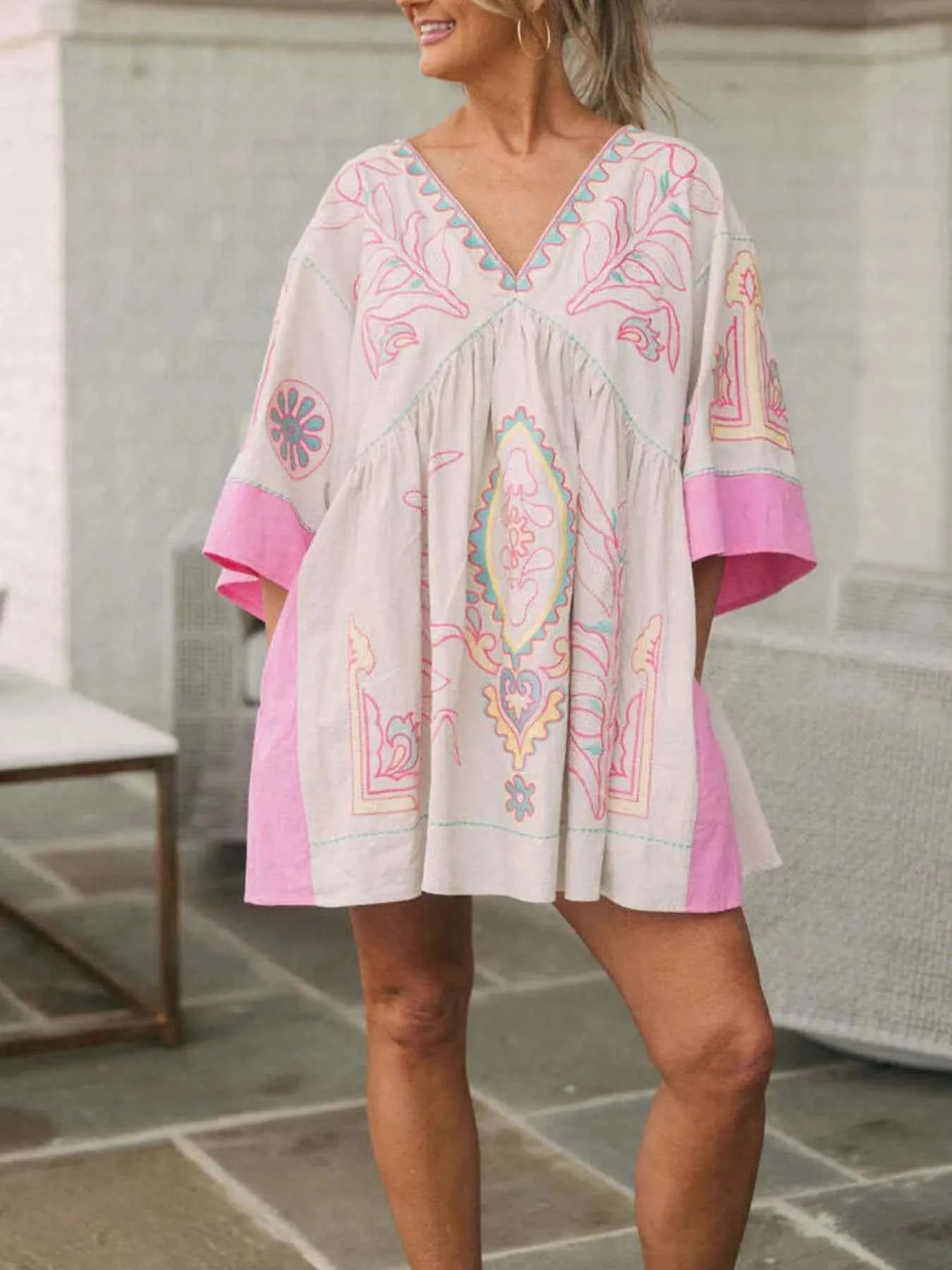 Printed V-Neck Kimono Sleeve Mini Dress